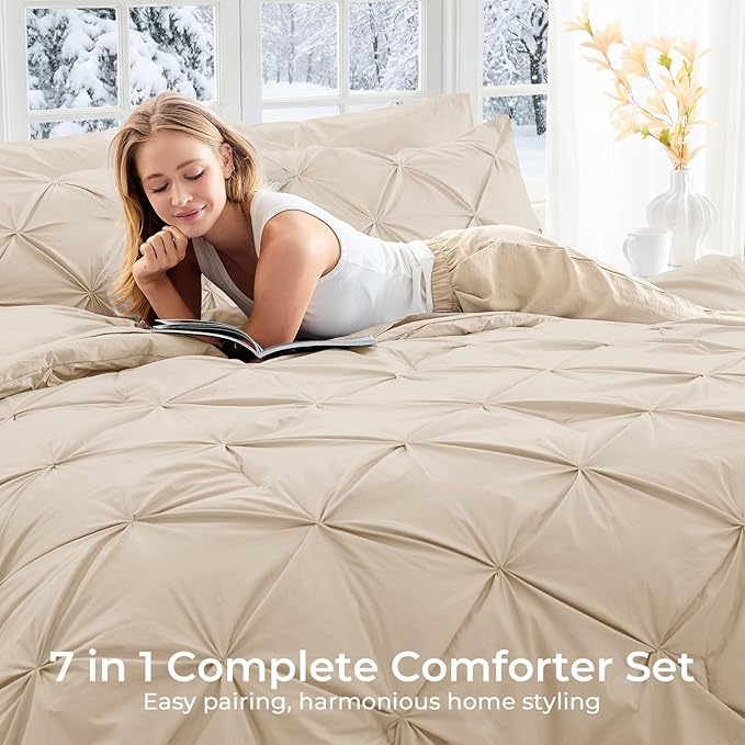 Sasttie Twin XL Comforter Set, 5-Piece Bed in a Bag, Pintuck Bedding Sets for All Season, Includes Comforter, Flat Sheet, Fitted Sheet, Pillowcase and Pillowsham, Warm Beige