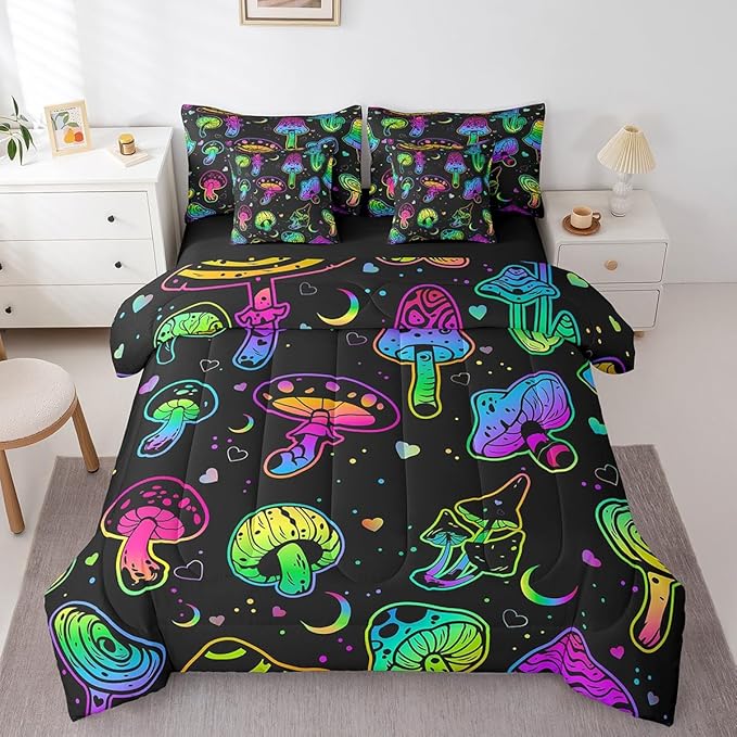 Erosebridal Mushroom 7 Piece Comforter Set King Kawaii Mushroom Bed in a Bag Boho Exotic Botanical Plants Fitted Sheet for Kids Girls Boys Teens Rainbow Quilt Set Cute Mushroom Bedding Set