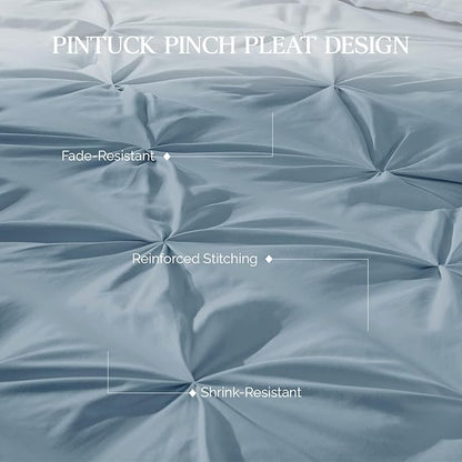 Andency Grayish Blue Pinch Pleat Comforter Full(79x90Inch), 3 Pieces(1 Pintuck Comforter and 2 Pillowcases) Solid Soft Down Alternative Microfiber Lightweight Bedding Set All Season