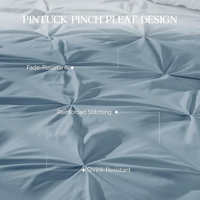 Andency Grayish Blue Comforter Set King, 3 Pieces Boho Pinch Pleat Bedding Comforter, All Season Soft Lightweight Modern Solid Bed Comforter Set