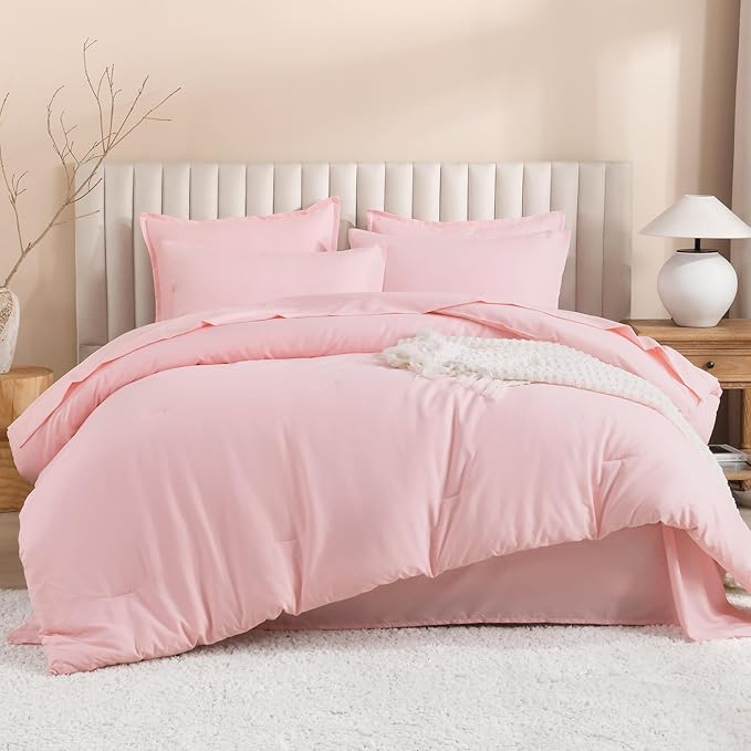 Litanika Full Size Comforter Sets Pink - 7 Pieces Bed in a Bag Full Bedding Comforter Sets, Solid Lightweight Bed Set with Comforter, Sheets, Pillowcases & Shams