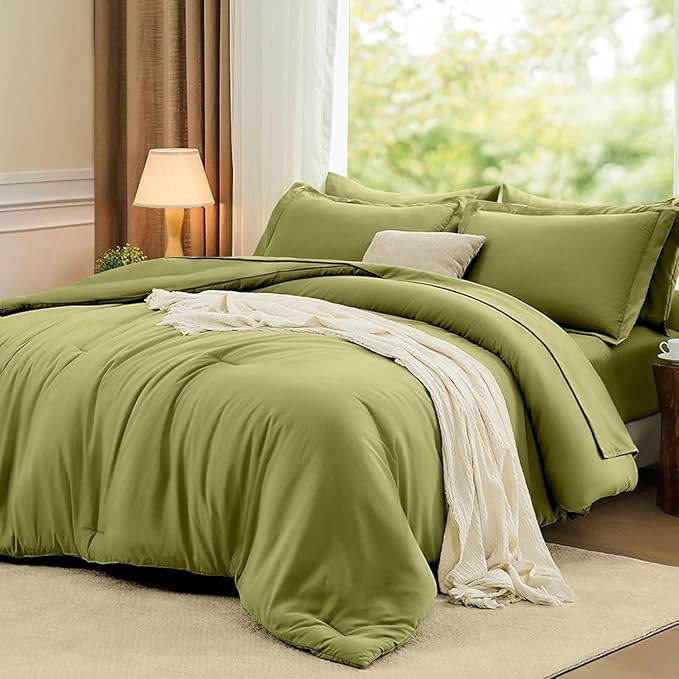 FUANNA Twin Comforter Set Olive Green, 5 Pieces Soft Twin Size Bedding Sets, All Season Lightweight Bed in a Bag with Comforter, Flat Sheet, Fitted Sheet, Pillowcase & Sham