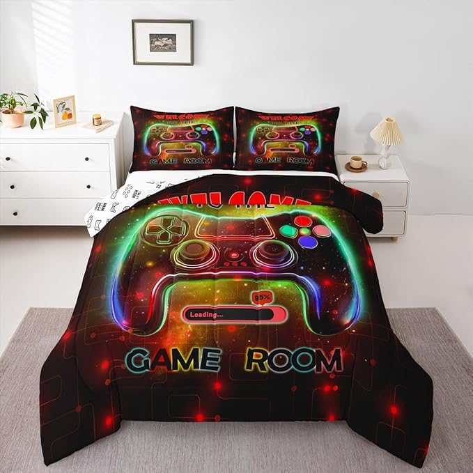 jejeloiu Cool Gamer Bedding Set Toddle Size for Boys 3D Gaming Comforter Set Kids Teens Bright Red Duvet Set Modern Game Console Quilt Set 2Pcs