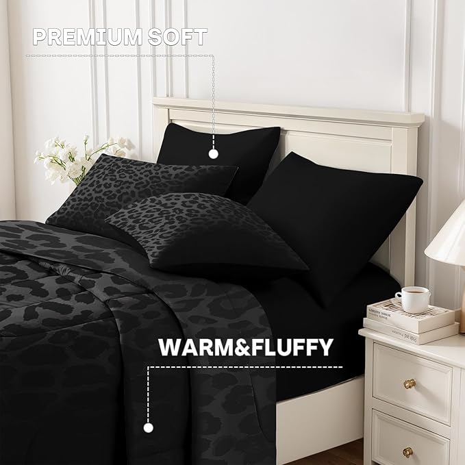 Nesker 5 Pcs Comforter Set Twin Size, Leopard Print Wild Animal Bedding Set for Kids and Adults, Black Grey African Cheetah Wildlife Bed Sheet Sets with Fitted Sheet Pillowcases & Shams