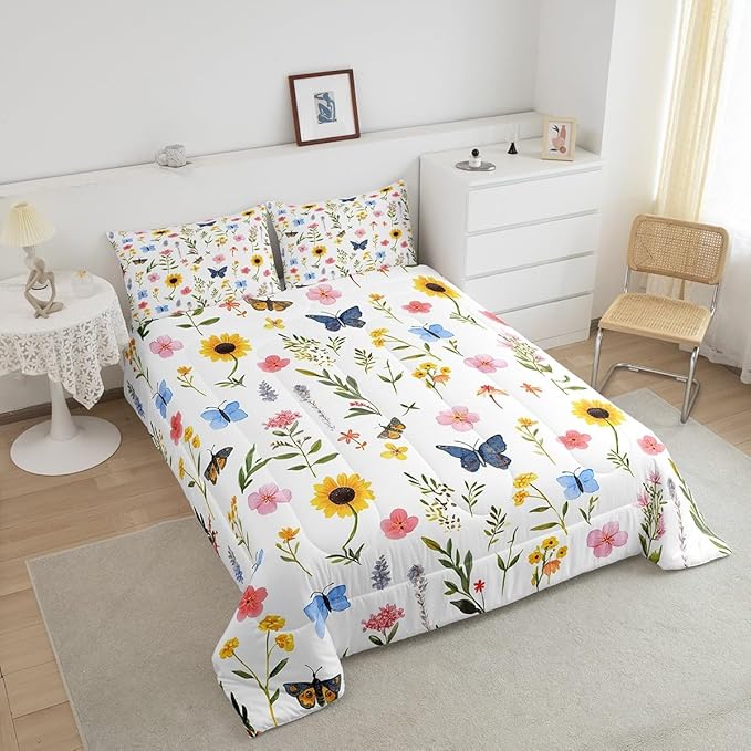 Manfei Wild Plants Comforter Set Full Size, Colorful Flower Butterfly Quilt Set with 2 Pillowcases, Botanical Floral Bedding Set 3pcs for Kids Girls Bedroom Decor Lightweight Duvet Insert