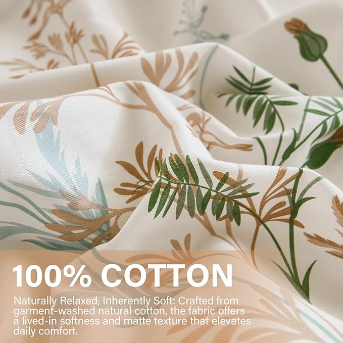 100% Cotton Comforter King Size – 3 Piece Botanical Printed Bed Comforter Set with Pillowcases, Soft Lightweight All Season Bedding Set, Cottagecore Aesthetic Natural Floral Bedding