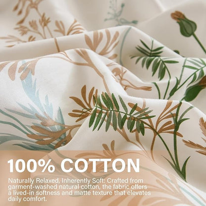 100% Cotton Comforter Queen Size – 3 Piece Botanical Printed Bed Comforter Set with Pillowcases, Soft Lightweight All Season Bedding Set, Cottagecore Aesthetic Natural Floral Bedding