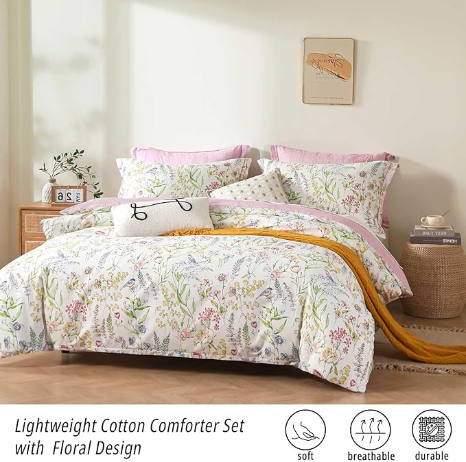 White Floral Cotton Comforter Queen Size - 3PC Lightweight Bedding Sets with Soft Fill, Vibrant Garden Botanical Patterns, Petal Pink Reversible Design with Feminine Elegance