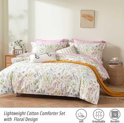 White Floral Cotton Comforter Queen Size - 3PC Lightweight Bedding Sets with Soft Fill, Vibrant Garden Botanical Patterns, Petal Pink Reversible Design with Feminine Elegance