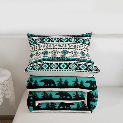Southwest Tribal Style Bear Wild Animals Comforter/Duvet Set King Size,Green Aztec Pattern Ultra Soft Bed Collection,Ethnic Geometric Stripes Bedding for Room Decor 3 Pcs,Microfiber Breathable