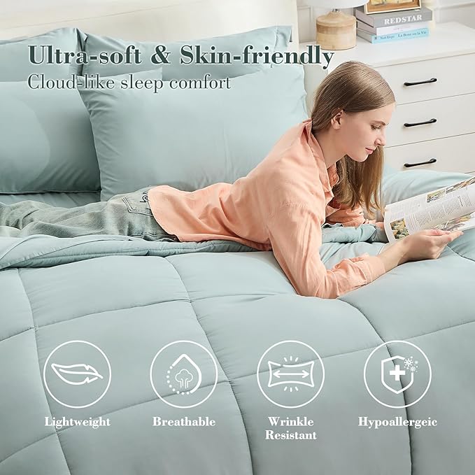 EMME 7-Pieces, Down Alternative Brushed Bedding Comforter Set with Sheets, Ultra Soft and Comfortable Solid Bed Set for All Season (Full/Queen, Aqua Blue)