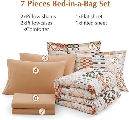 MaiRêve Queen Comforter Set, Classic Plaid Farmhouse Bedding Sets 7 Pieces, Beige All Season Bed in A Bag with Sheets, Pillowcases & Shams