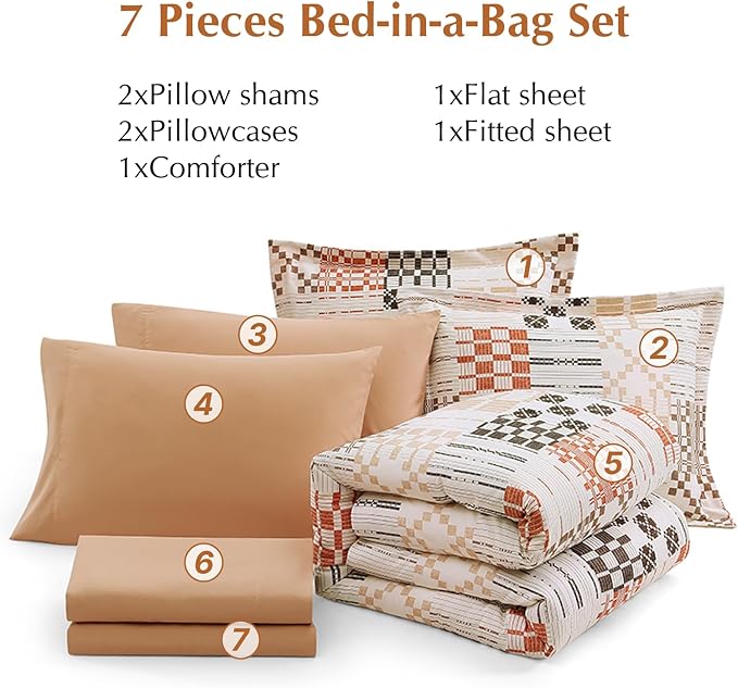 MaiRêve Full Size Comforter Sets, Classic Plaid Farmhouse Bedding Sets 7 Pieces, Beige All Season Bed in A Bag with Sheets, Pillowcases & Shams