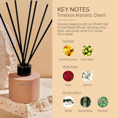 Nayce Luxury Reed Diffuser - Chianti Oud Orchard - Aromatherapy Essential Oil Diffuser Sticks - Hand-Poured in USA - Reed Diffusers for Home, Bathroom, Bedroom, Office Decor, Housewarming Gifts