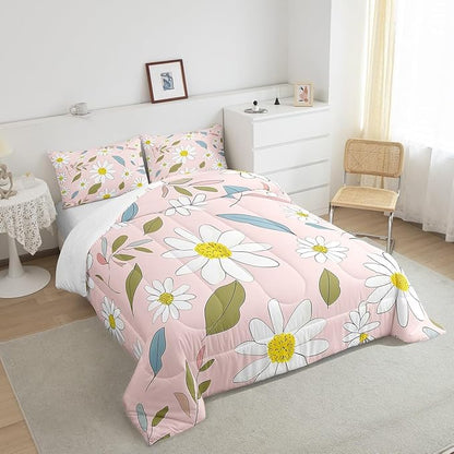 Manfei White Daisy Comforter Set Twin Size, Flower Leaves Bedding Set 2pcs for Kids Boys Girls Bedroom Decor, Botanical Floral Print Quilt Set Soft Polyester Duvet Set with 1 Pillowcase