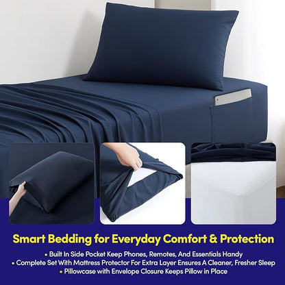 Twin XL Comforter Set College Dorm Bedding Bundle (Twin XL) – Dorm Upgrade with Comforter, Mattress Protector, Sheet Set & Pillow Sham — Stylish Quilted Stripe for Students & Shared Rooms, Navy Blue