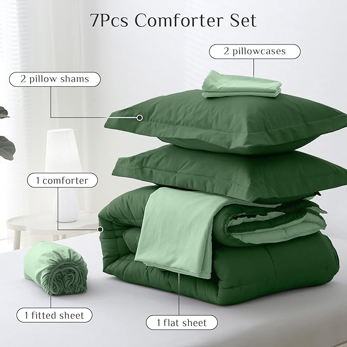 JOLLYVOGUE California King Comforter Set, Ultra-Soft Bed in a Bag 7 Pieces, Oeko-TEX Certified Bedding Set with Down Alternative Comforter, Sheets, Pillowcases & Shams, Dark Green & Light Green