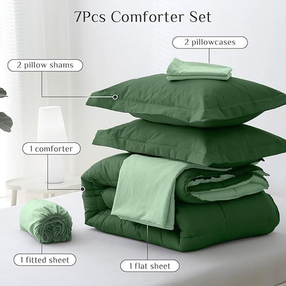 JOLLYVOGUE Full Comforter Set, Ultra-Soft Bed in a Bag Full Size 7 Pieces, Oeko-TEX Certified Bedding Set with Down Alternative Comforter, Sheets, Pillowcases & Shams, Dark Green & Light Green