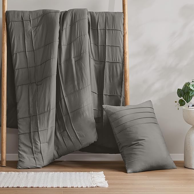 Comfort Spaces Grey Twin Size Comforter Set - 2 Pieces Pintuck Pleated Bedding Sets Twin, All Season Lightweight, Extra Softness Pre-Washed Microfiber Twin Bed Set, Shams, Twin/Twin XL