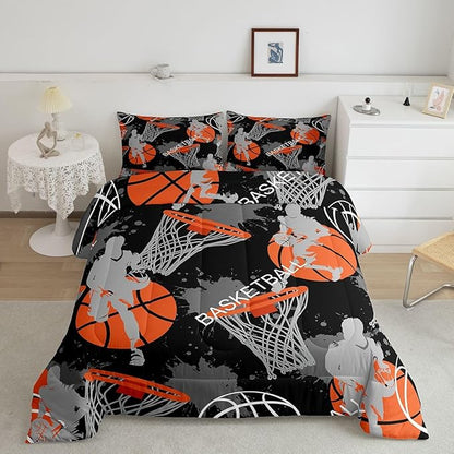 Erosebridal Boys Basketball Bedding Set Queen, Orange, 3D Basketball Quilt Set with 2 Pillowcases, Lightweight
