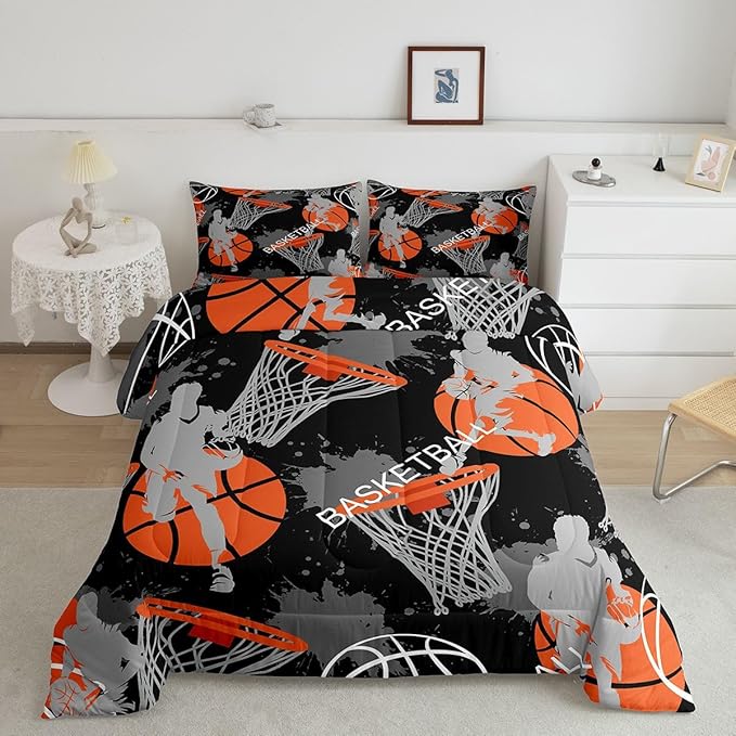 Erosebridal Basketball Comforter Set Toddler Size,Kids Sports Theme Bedding Set,Boys Black Basketball Comforter Duvet Set,Ball Games Reversible Quilt Set with 1 Pillowcase