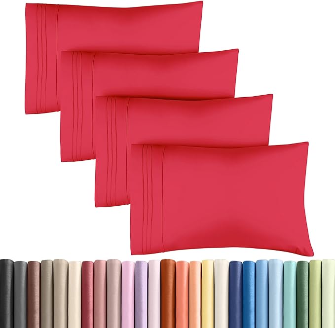 Queen Pillow Cases Set of 4 - Ultra Soft Hotel Quality Pillowcase Covers - Comfy, Cooling & Wrinkle Free - Shrinkage, Stain & Fade Resistant - Machine Washable Pillow Protectors - 4 Piece Set - Red