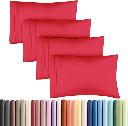 Queen Pillow Cases Set of 4 - Ultra Soft Hotel Quality Pillowcase Covers - Comfy, Cooling & Wrinkle Free - Shrinkage, Stain & Fade Resistant - Machine Washable Pillow Protectors - 4 Piece Set - Red