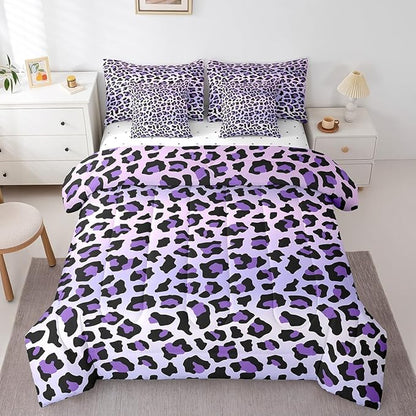 Feelyou Purple Leopard Bedding Set for All Season Cheetah 7 Pieces Comforter Sets Queen Size Teens Room Decor Animal Print Bed in a Bag with Comforter, Sheets, Pillowcases & Cushion Cover