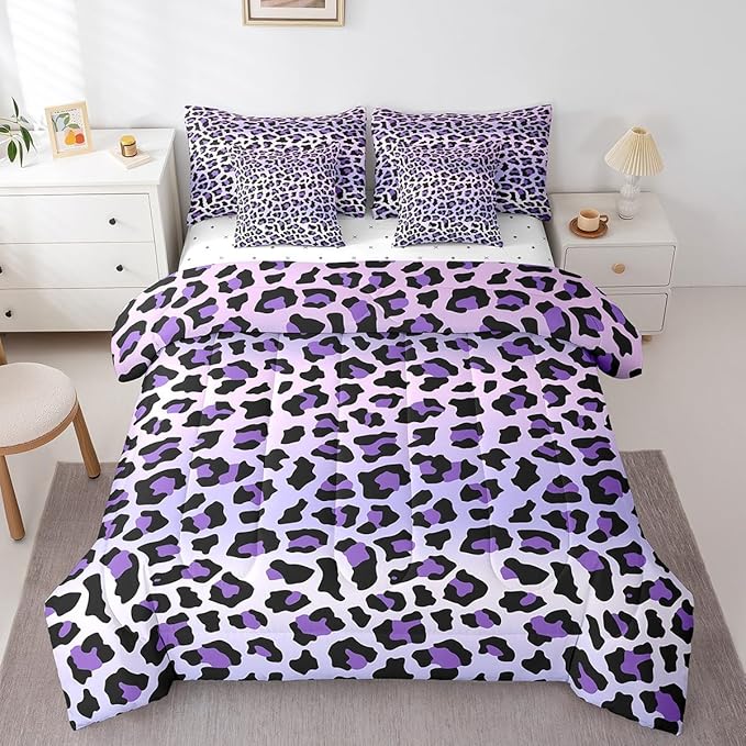 Feelyou Purple Leopard Bedding Set for All Season Cheetah 7 Pieces Comforter Sets Twin Size Teens Room Decor Animal Print Bed in a Bag with Comforter, Sheets, Pillowcases & Cushion Cover