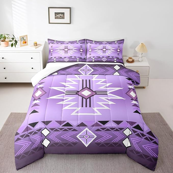 Southwestern Bedding Set Queen Size,Purple Aztec Tribal Arrow Stripes Comforter Set 3Pcs for Kids Teens Women Men Room Decor,Rustic Farmhouse Quilt Set Vintage Cowboy Duvet Insert,2 Pillowcases