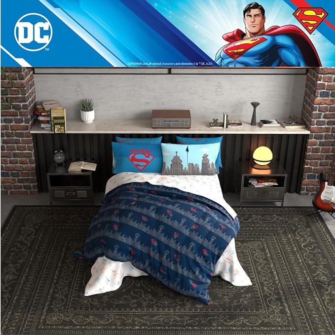 Superman DC Comics Kids Bedding Super Soft & Cozy Reverisble Microfiber Comforter and Sheet Set with Sham, 7 Piece Full Size, (Officially Licensed Product) by Franco