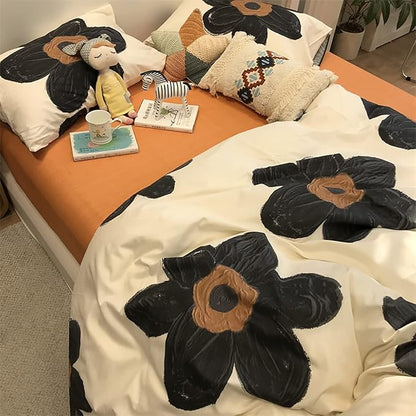 KAREVER Black Floral Comforter Set Black Botanical Bedding Queen Women Chic Blankets Lightweight Black Sunflower Reversible Bed Comforter Set Queen Size