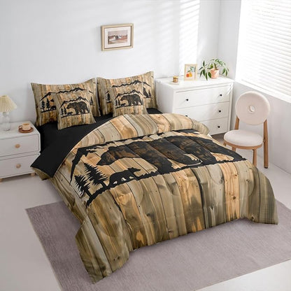 Erosebridal Cabin Bear Bed in A Bag Full | Rustic Jungle Hunting 7 Piece Comforter Set Woodl and Animal Farmhouse Sheet Set Grain Countryside Barn Door Fitted Sheet Breathable Lightweight