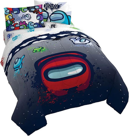 Jay Franco Among Us Space Splatter 5 Piece Queen Size Bed Set-Comforter & Sheet Set-Soft Fade Resistant Microfiber (Official Among Us Product)