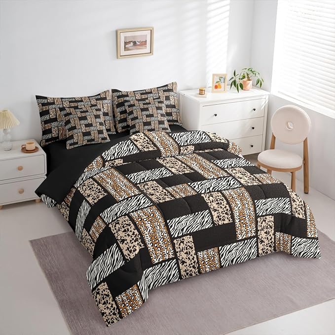 Leopard Print 7 Pcs Comforter Set Full,Wildlife Zebra Cow Skin Bedding Set with Comforter,Pillowcases,Pillow Covers,Flat Sheet,Fitted Sheet,Animals Fur Splice Patchwork Bedding for Room Decor