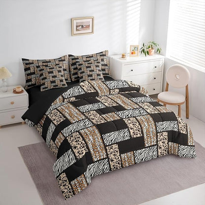 Leopard Print 7 Pcs Comforter Set Full,Wildlife Zebra Cow Skin Bedding Set with Comforter,Pillowcases,Pillow Covers,Flat Sheet,Fitted Sheet,Animals Fur Splice Patchwork Bedding for Room Decor