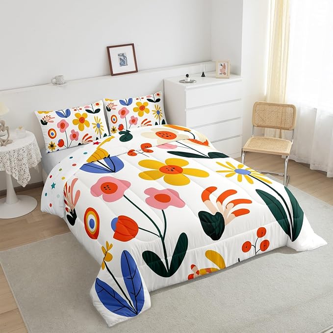 Hippie Floral Kids Comforter Set King Size,Groovy Flowers Leaves Cartoon Sketch Reversible Quilted Duvet with 2 Pillowcases Vintage 80s Retro Bohemian Down Comforter for Boys Teens Bedroom