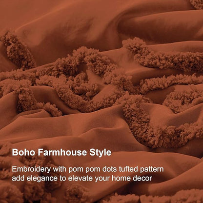 Luxudecor Terracotta Boho Tufted Comforter Set Full Size 3 Pieces Boho Shabby Chic Comforter Farmhouse Embroidery Bedding Set Soft Comforter for All Seasons (Terracotta, 80''x90'')