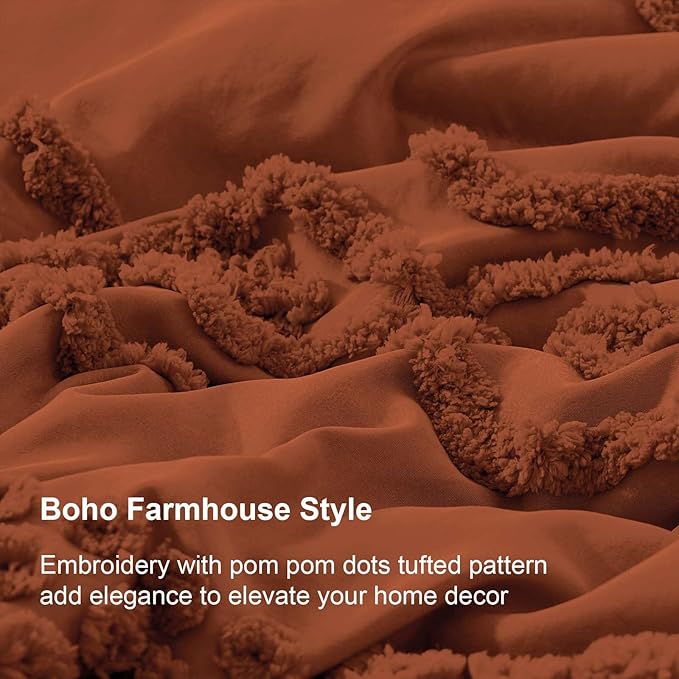 Luxudecor Terracotta Boho Tufted Comforter Set Queen Size 3 Pieces Boho Shabby Chic Comforter Farmhouse Embroidery Bedding Set Soft Comforter for All Seasons (Terracotta, 90''x90'')