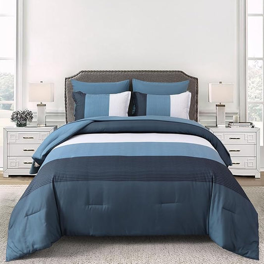 Navy Blue Striped Comforter Set King Size 7 Pieces Navy Patchwork Bed in a Bag with Sheets Set for King Bed, Soft Microfiber Reversible Bedding Set, Pillowcase Pillow Shams, Flat/Fitted Sheet