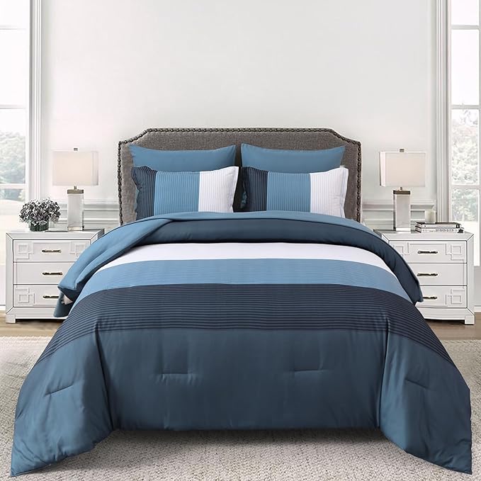Anibedding Navy Blue Queen Bed in a Bag Comforter Set 7 Pieces Navy Striped Patchwork Bedding Set for Queen Bed, Soft Microfiber Reversible Down Alternative Complete Comforter with Sheet Set
