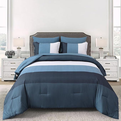 Anibedding Navy Blue Queen Bed in a Bag Comforter Set 7 Pieces Navy Striped Patchwork Bedding Set for Queen Bed, Soft Microfiber Reversible Down Alternative Complete Comforter with Sheet Set