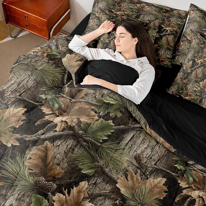 Erosebridal Camo Hunting 7 Piece Bedding Set Twin Rustic Camouflage Comforter Set with Sheets Woodland Cabin Tree Leaves Bed in a Bag Camping Farm House Bed Sets Comforter