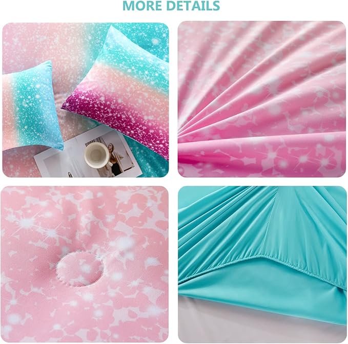 PERFEMET 6Pcs Teal Purple Comforter Set Twin Size, Tie Dye Rainbow Glitter Bed in A Bag, Gradient Pastel Ombre Sparkle Bedding Set for Kids Teens Girls (Blue Teal Purple, Twin)
