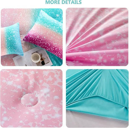 PERFEMET 6Pcs Teal Purple Comforter Set Twin Size, Tie Dye Rainbow Glitter Bed in A Bag, Gradient Pastel Ombre Sparkle Bedding Set for Kids Teens Girls (Blue Teal Purple, Twin)