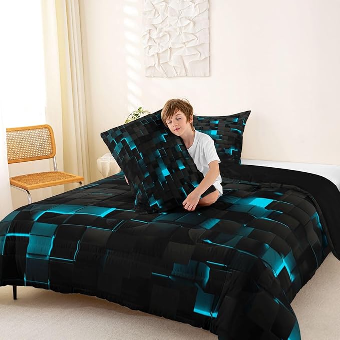 Erosebridal Black Teal Comforter Set Twin Neon Turquoise Geometric Checkered Bedding Set for Boys Gaming Room Decor,Teen Men Abstract Stereoscopic Grids Quilt Square Plaid Bed Set 2 Pcs