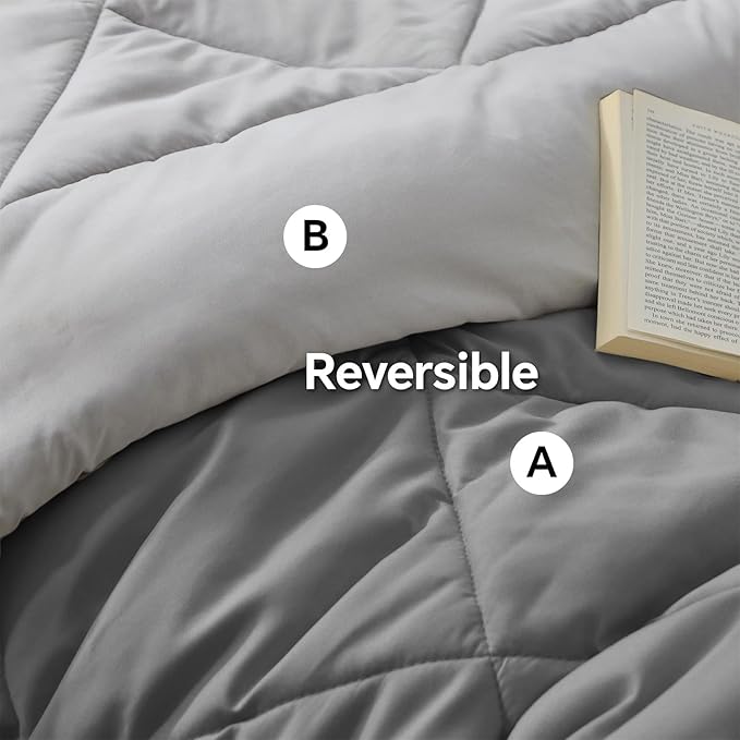 BEDELITE Twin XL Comforter Set 5 Pieces Bed in A Bag - Soft Microfiber Reversible Twin Extra Long Grey Bed Set with Comforters, Sheets, Pillowcase & Sham, Cozy Bedding Sets for College Dorm Room