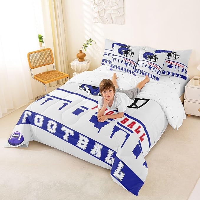 Erosebridal Football 7 Pcs Comforter Set King Football City Bedding for Kids Blue Grey Football Fans Sheet Set Bed in A Bag Rugby Game Bedroom Decor Sports Ball Competition Bed Set