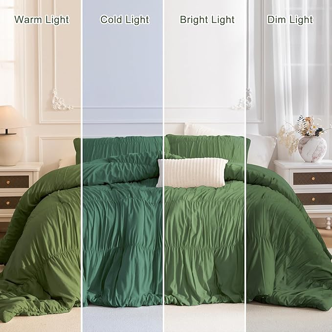 Masaca Oversized King Comforter 128"x120",Olive Green Ruched Shabby Boho Chic Bedding Comforter Set,3 Pieces Soft Lightweight Dark Green Ruffle Farmhouse Bedding Set Extra Large