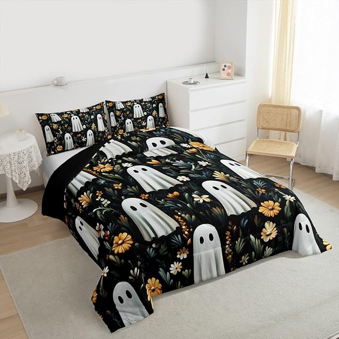 Erosebridal Spooky Halloween Boho Black Comforter Set Toddler, Cute Ghost Bedding Set for Kids Boys Girls Teens Women Men Halloween Decor, Black Bohemian Floral Comforter, Retro Horror Theme Quilt